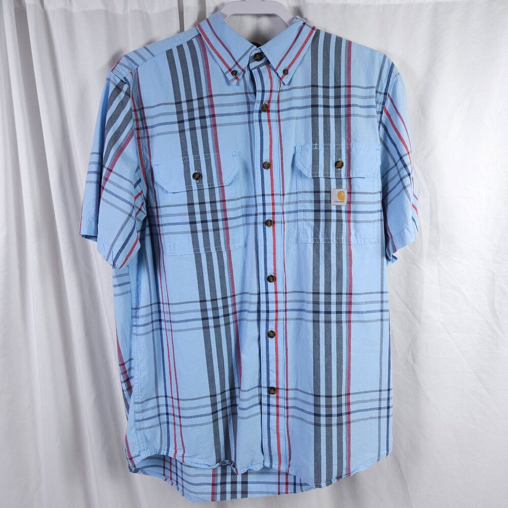Carhartt Blue‎ Plaid Loose Fit Short Sleeve Shirt Mens Medium Button Up